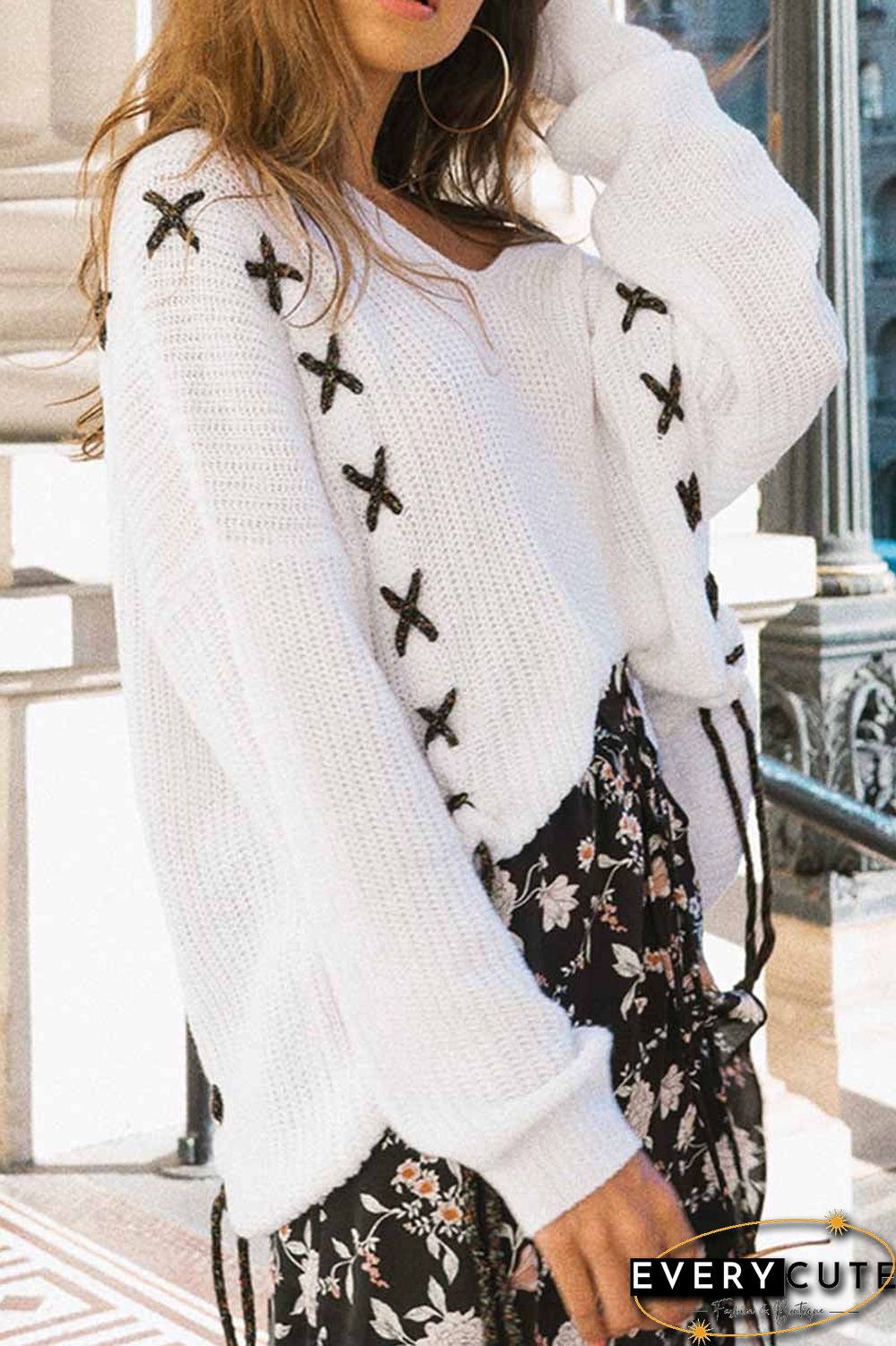 Solid Color V-Neck Loose Knit Sweater