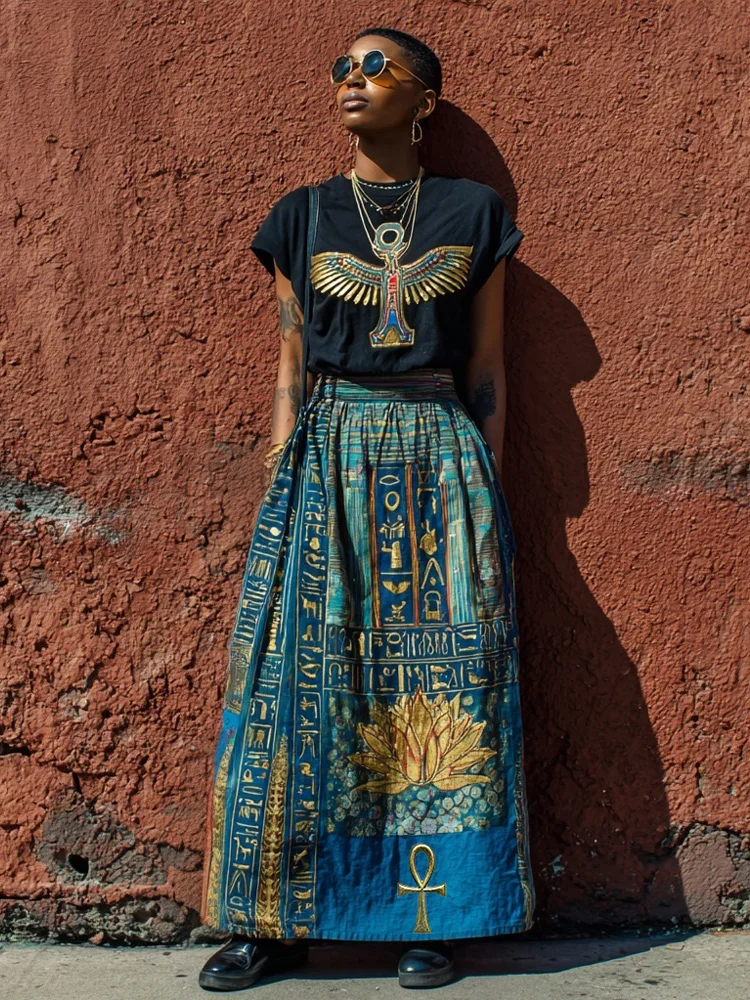 Ancient Egyptian Lotus & Ankh Pattern Vintage Linen Skirt
