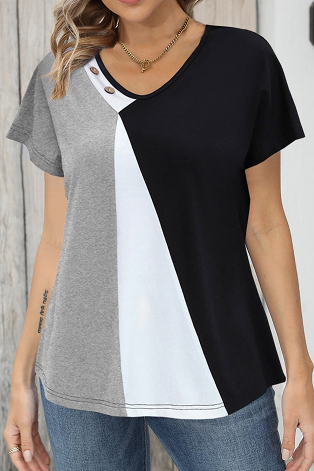 Plus Size Everyday Black Colorblock Button T-Shirt