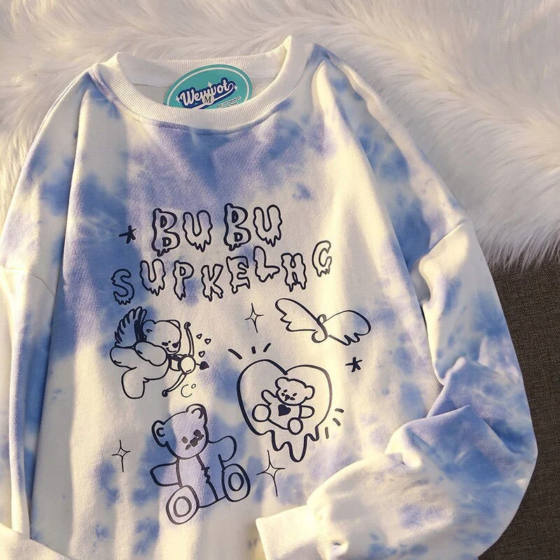 2021 New Y2K Women Hip Hop Tie Dye  Jumper Hoodie Hand Painted Bear Streetwear Harajuku Autumn Casual  Pullovers Fashion Tops