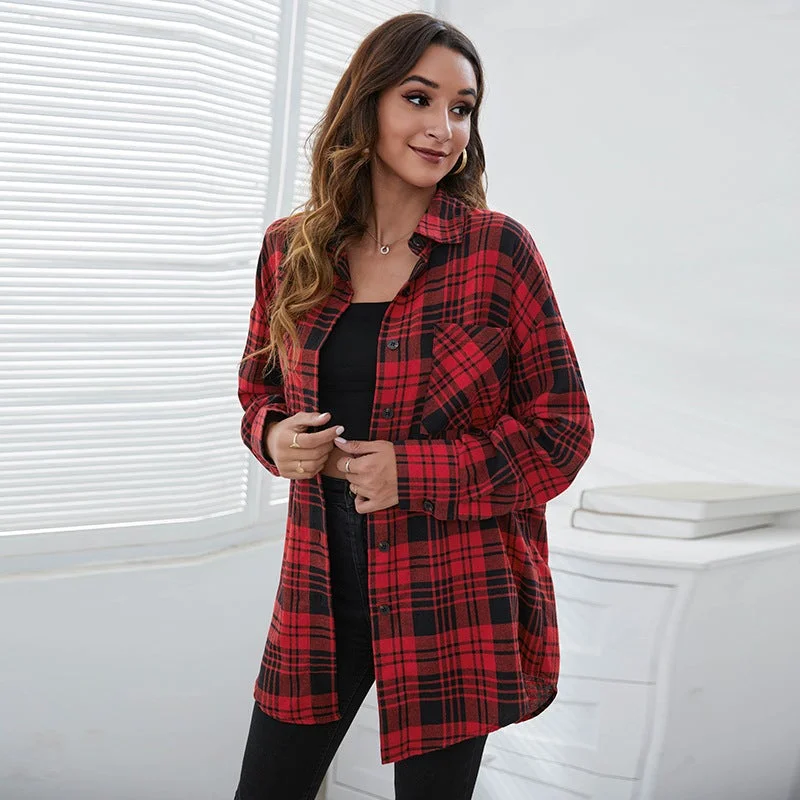 Women's Plaid Print Loose Shirt Jacket