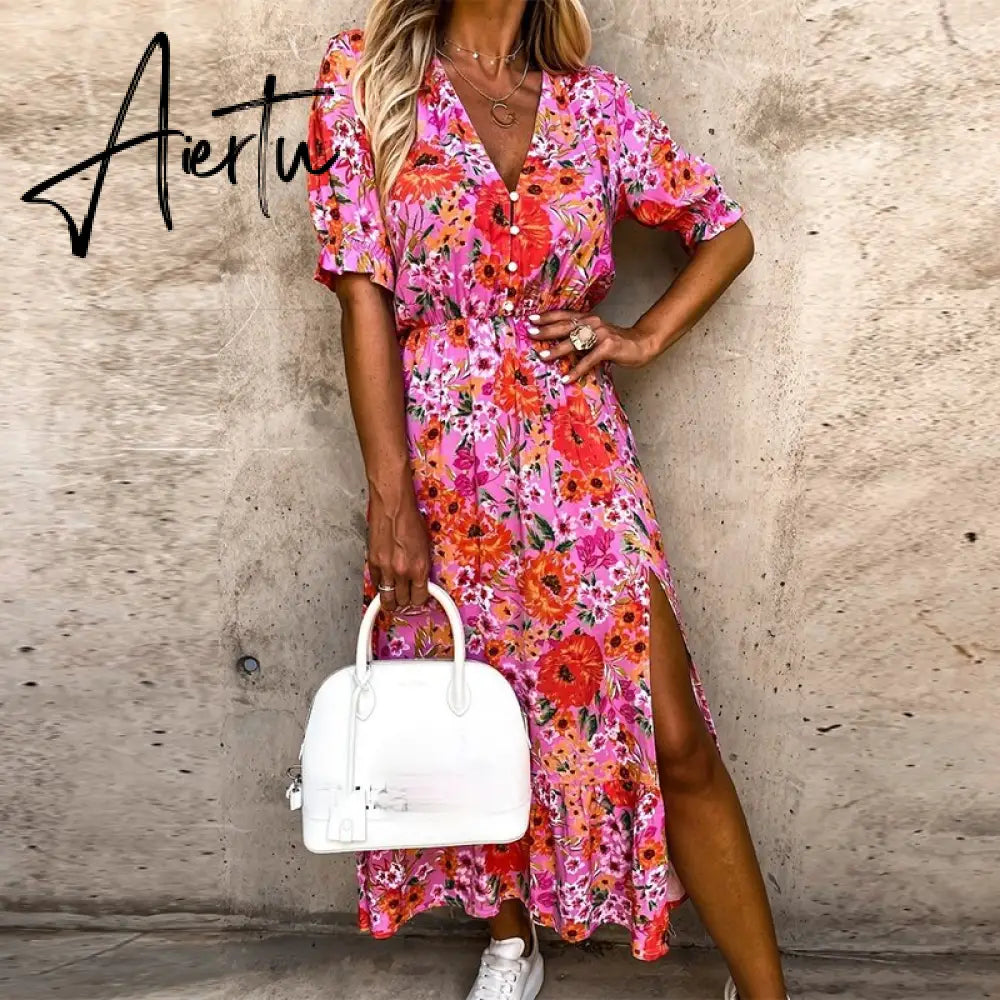 Women Summer Floral Print Slit Skirt Sexy Button V Neck Short Sleeve Long Dresses Female Casual Elegant Party Dress Vestidos Aiertu