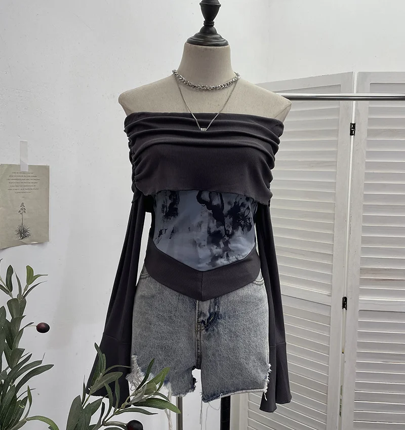 Uveng Real Shooting Maillard Wasteland Wind Word Shoulder Long-Sleeved Top Print Spliced Knitted Horn Sleeve Short T-Shirt 2663