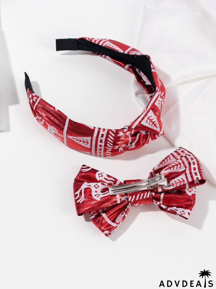 Christmas Pattern Bow Decor Hair Clip & Headband