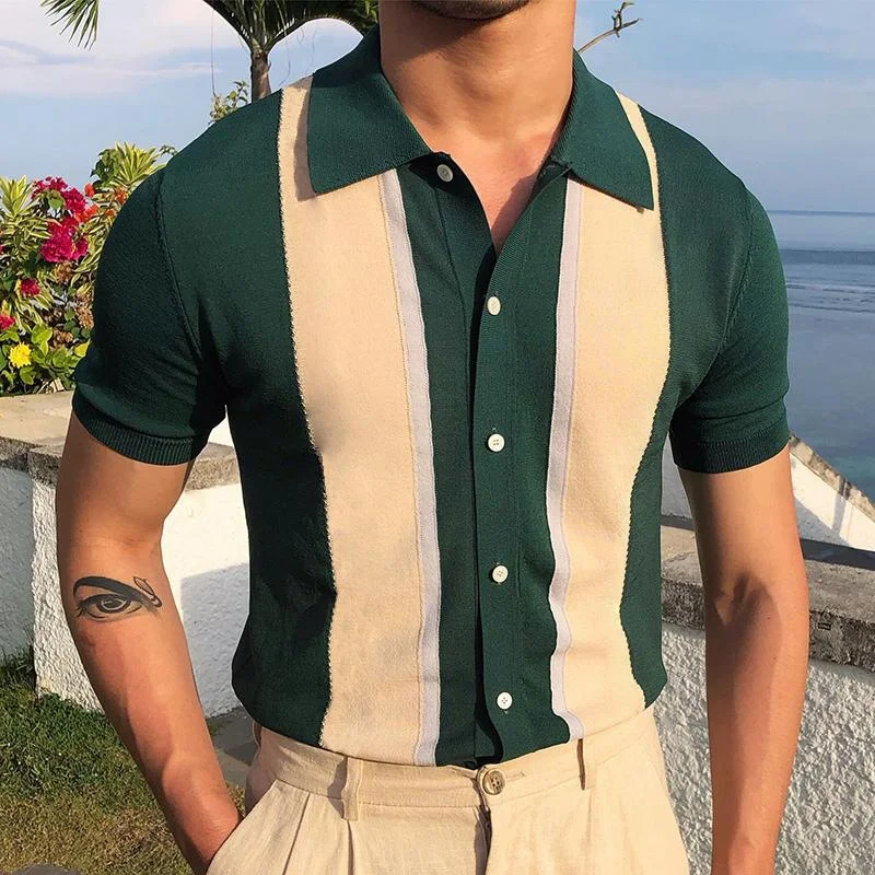 Casual Striped Knitted Lapel Gentleman Polo Shirt