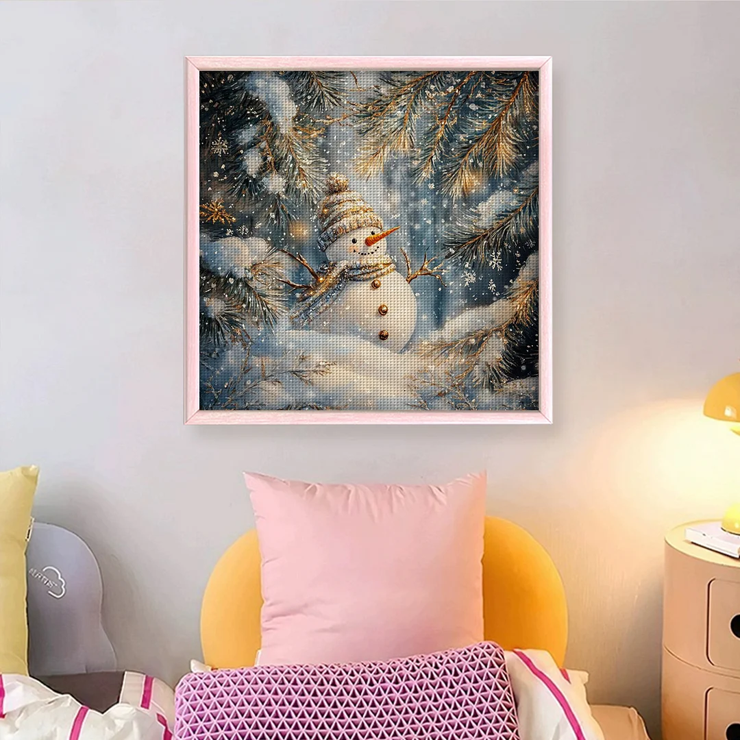 Xmas Gold Snowman Scenery Full 14CT 2 Strands DIY Counted Cross Stitch 40x40cm