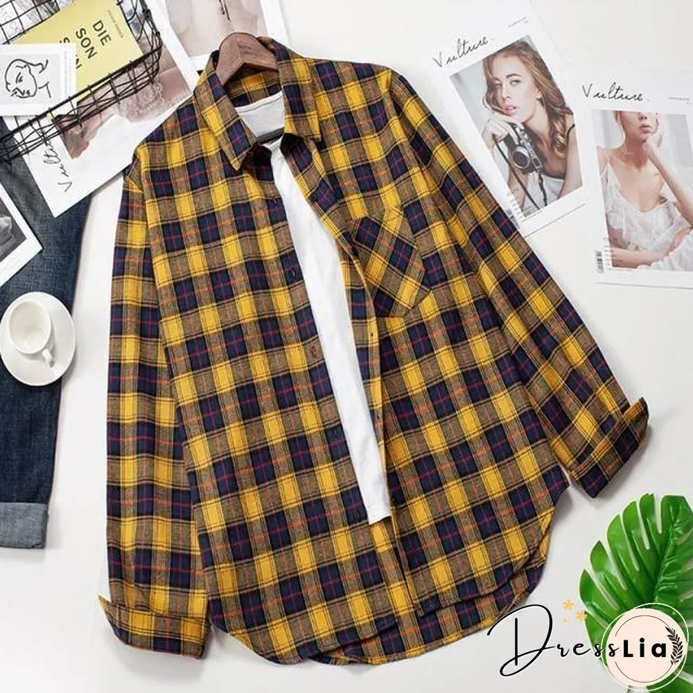 Plaid Shirts Womens Blouses Long Sleeve Lady Checked Tops Loose Female Outwear Casual