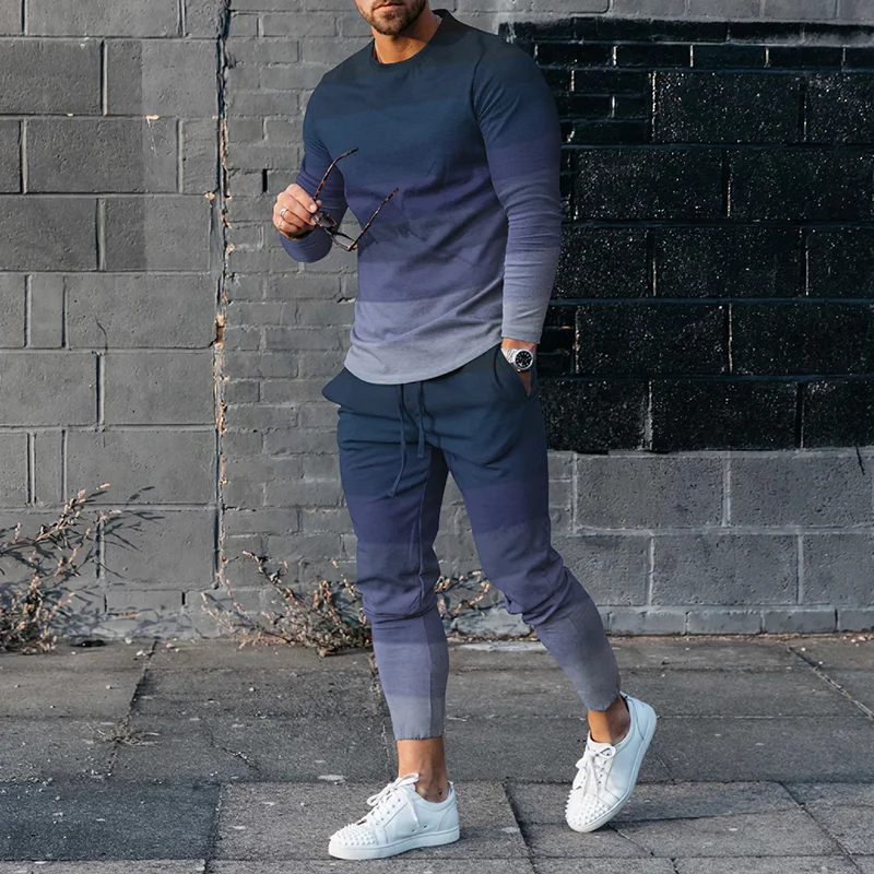 Men's Color Block Gradient Long Sleeve  T-Shirt And Pants Two Piece Set
