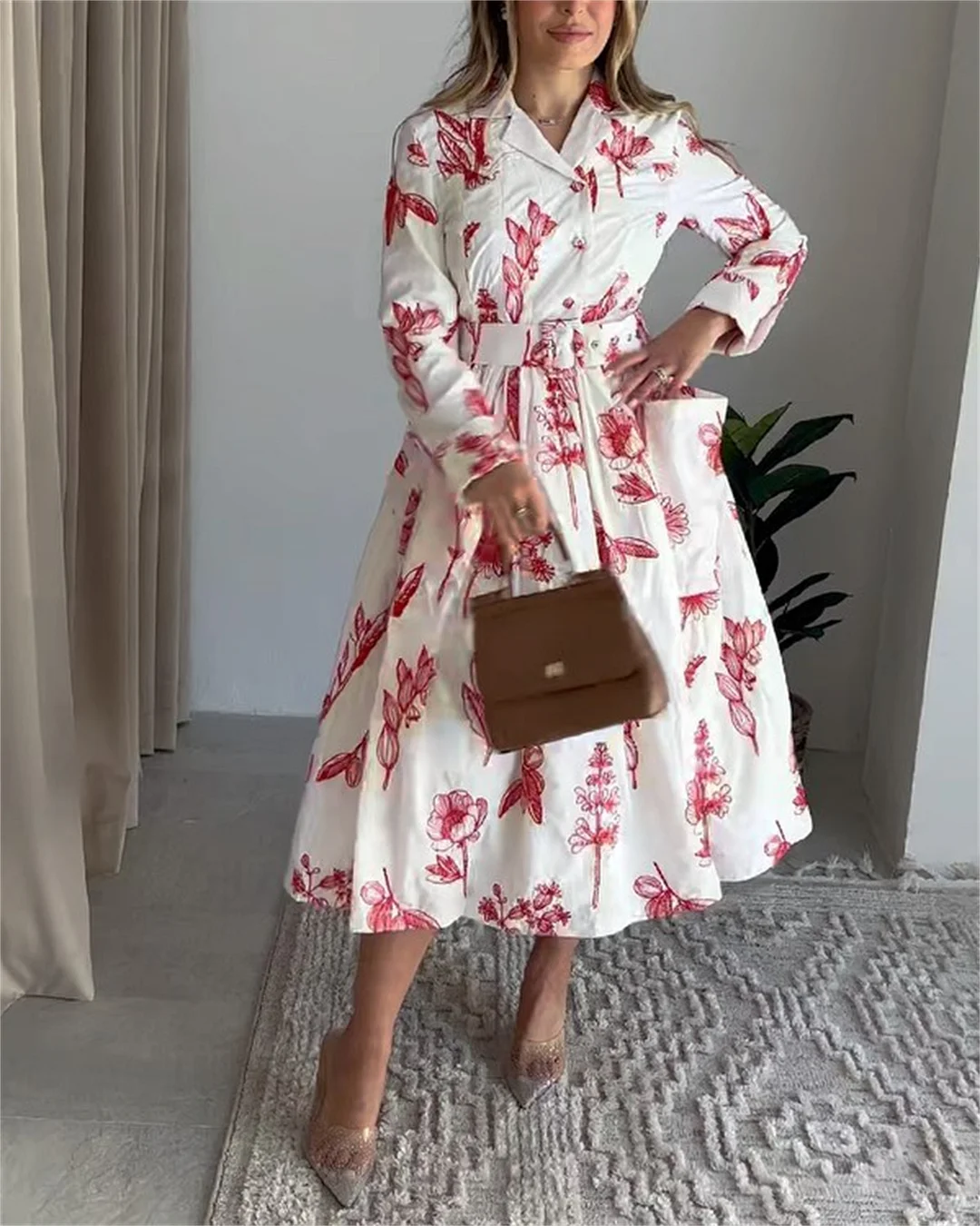 Women's Lapel Long Sleeve Printed Dress