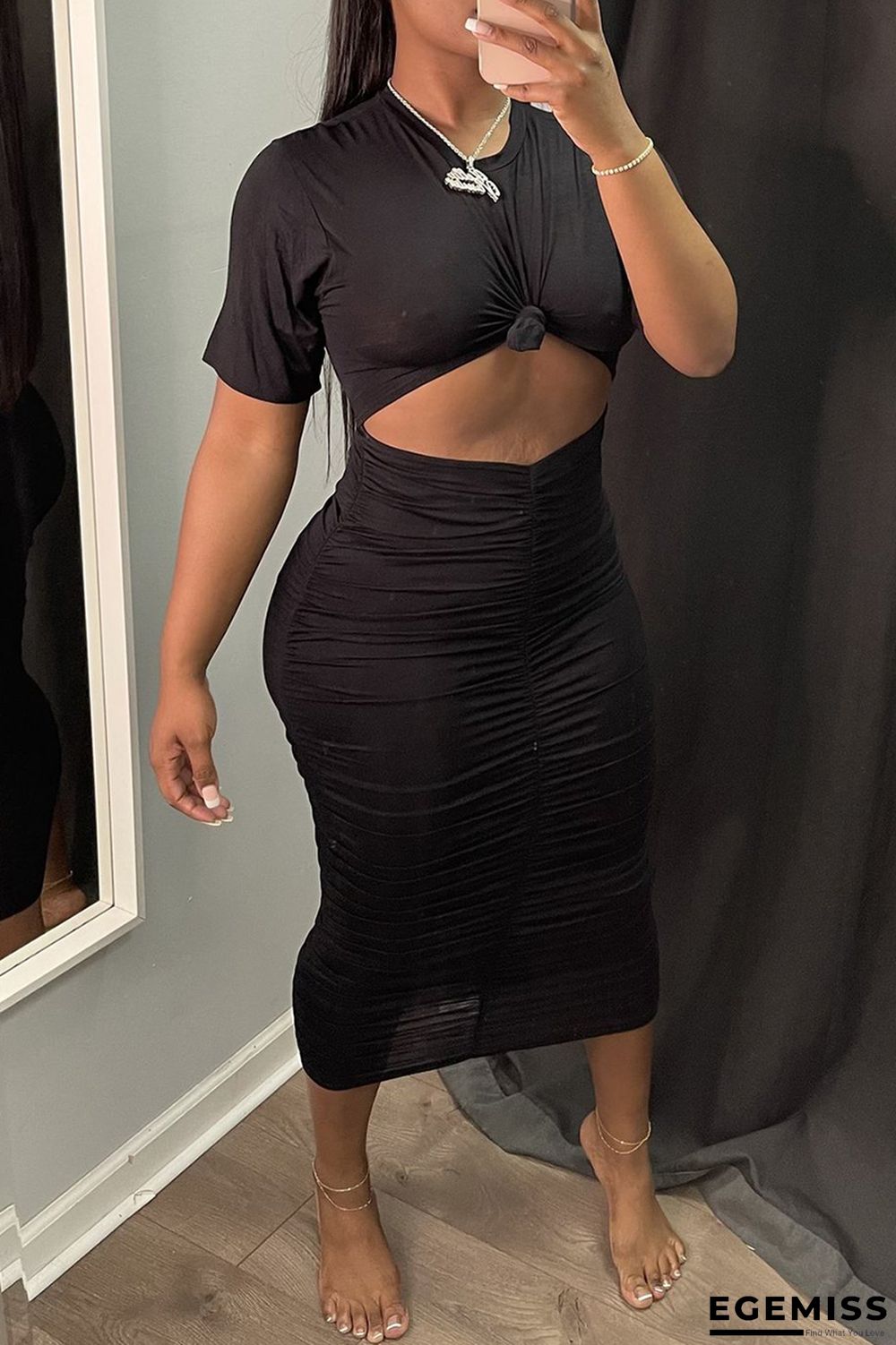 Black Fashion Casual Solid Hollowed Out Fold O Neck Short Sleeve Dress | EGEMISS