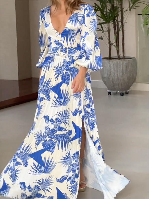 Floral Printed Split-Side Long Sleeves V-Neck Maxi Dresses