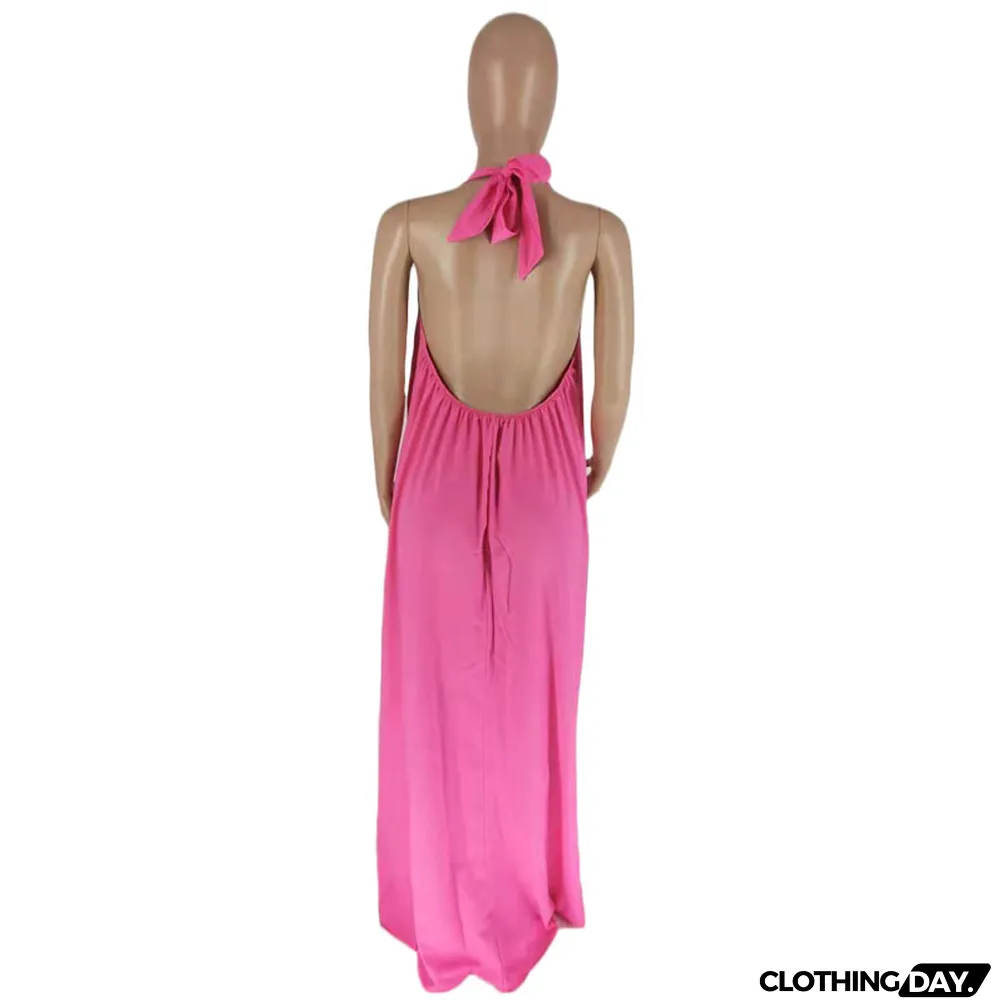 Summer Women's Sleeveless Halter Neck Sexy Low Back Solid Color Maxi Dress
