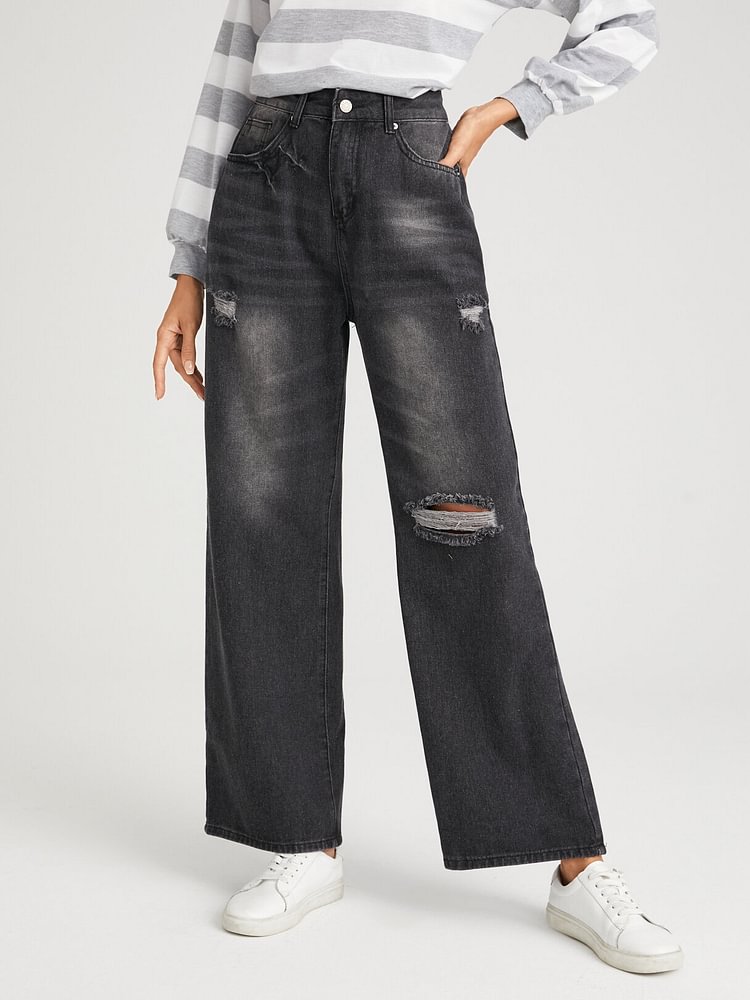 Ripped Faded Effect Washed Zipper Fly Wide Leg Jeans