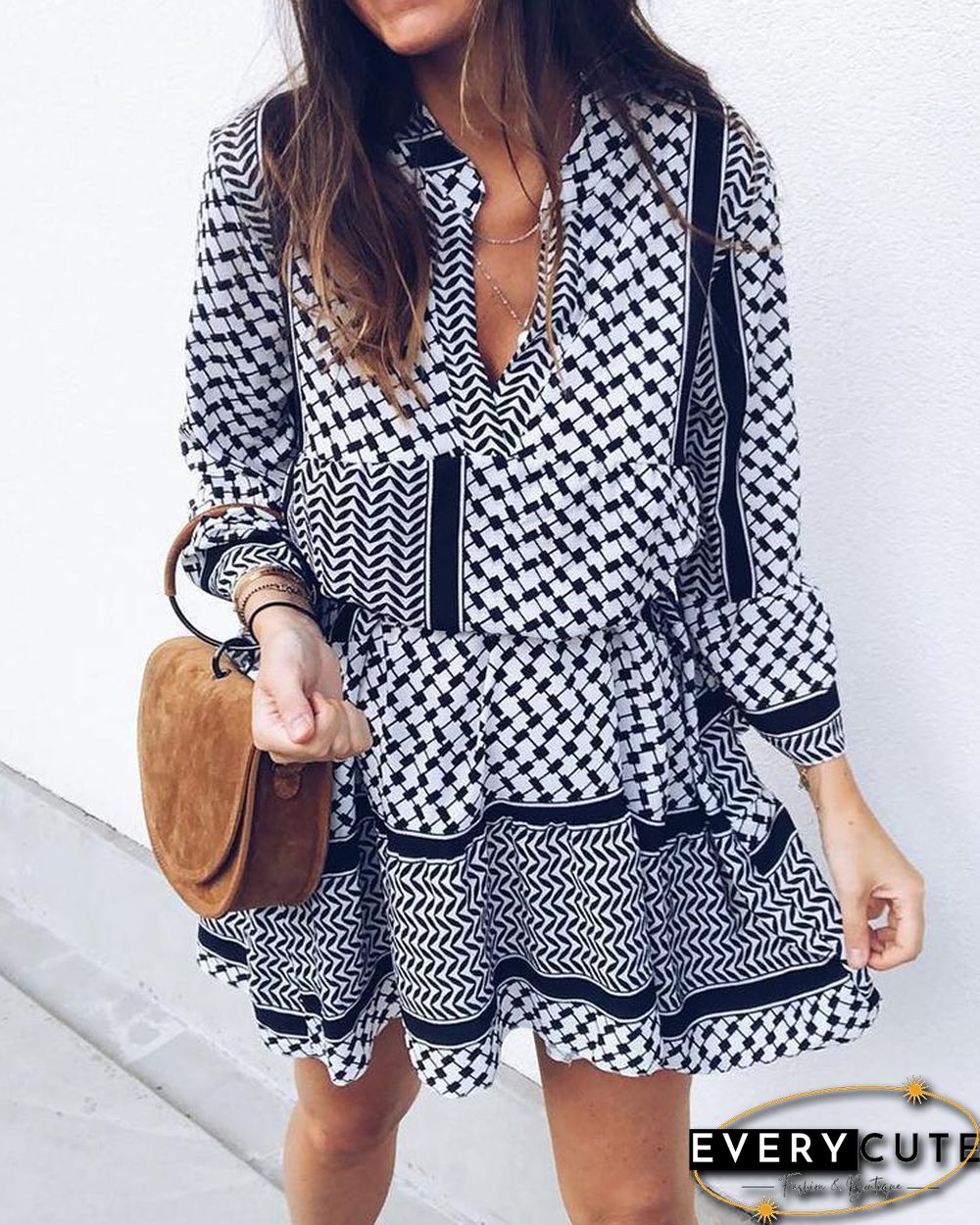 Ethnic Print Long Sleeve Elastic Waist Casual Dress P11436