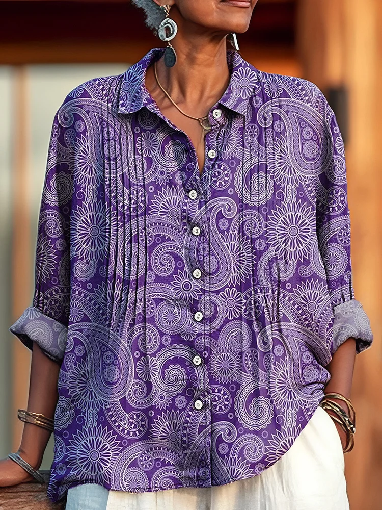 Women's Vintage Ethnic Purple Paisley Art Print Casual Cotton And Linen Ruffle Shirt