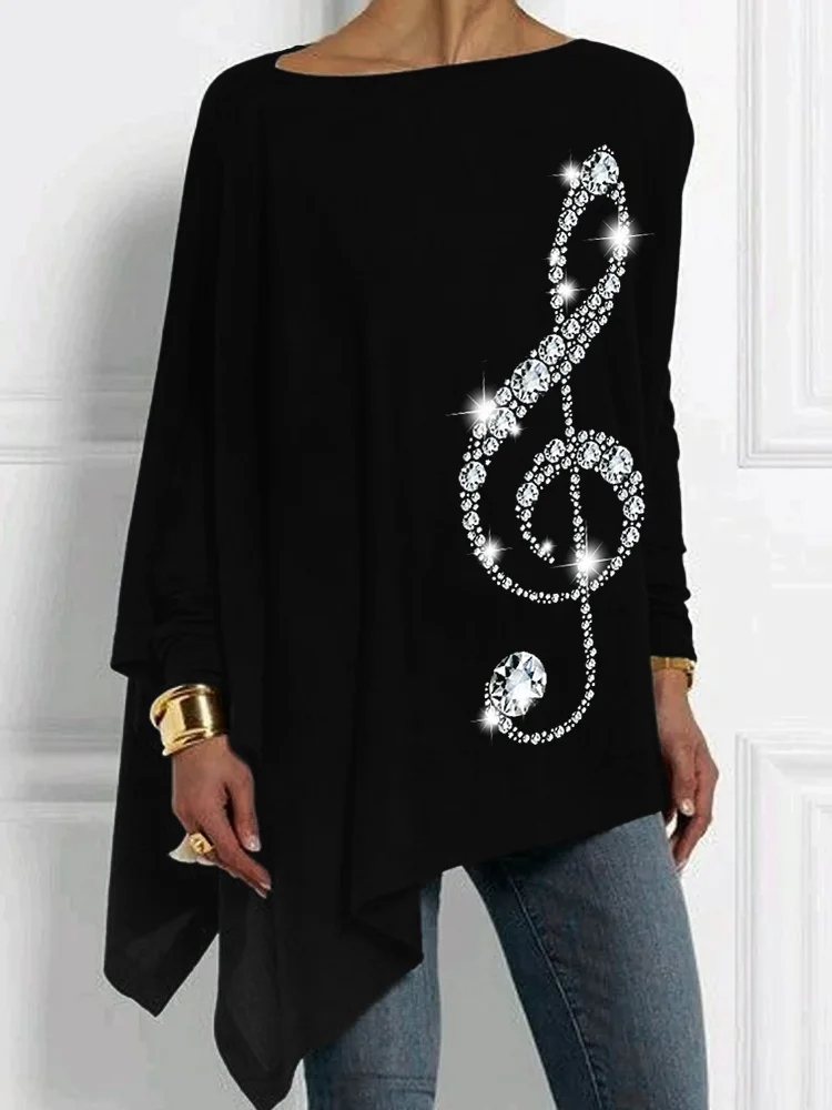 Glitter Treble Clef Gradient Bat Sleeve T Shirt