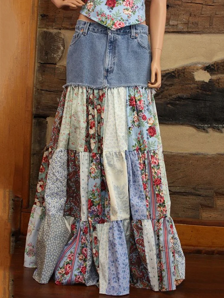 Denim Floral Patchwork Tiered Pocket Maxi Skirt