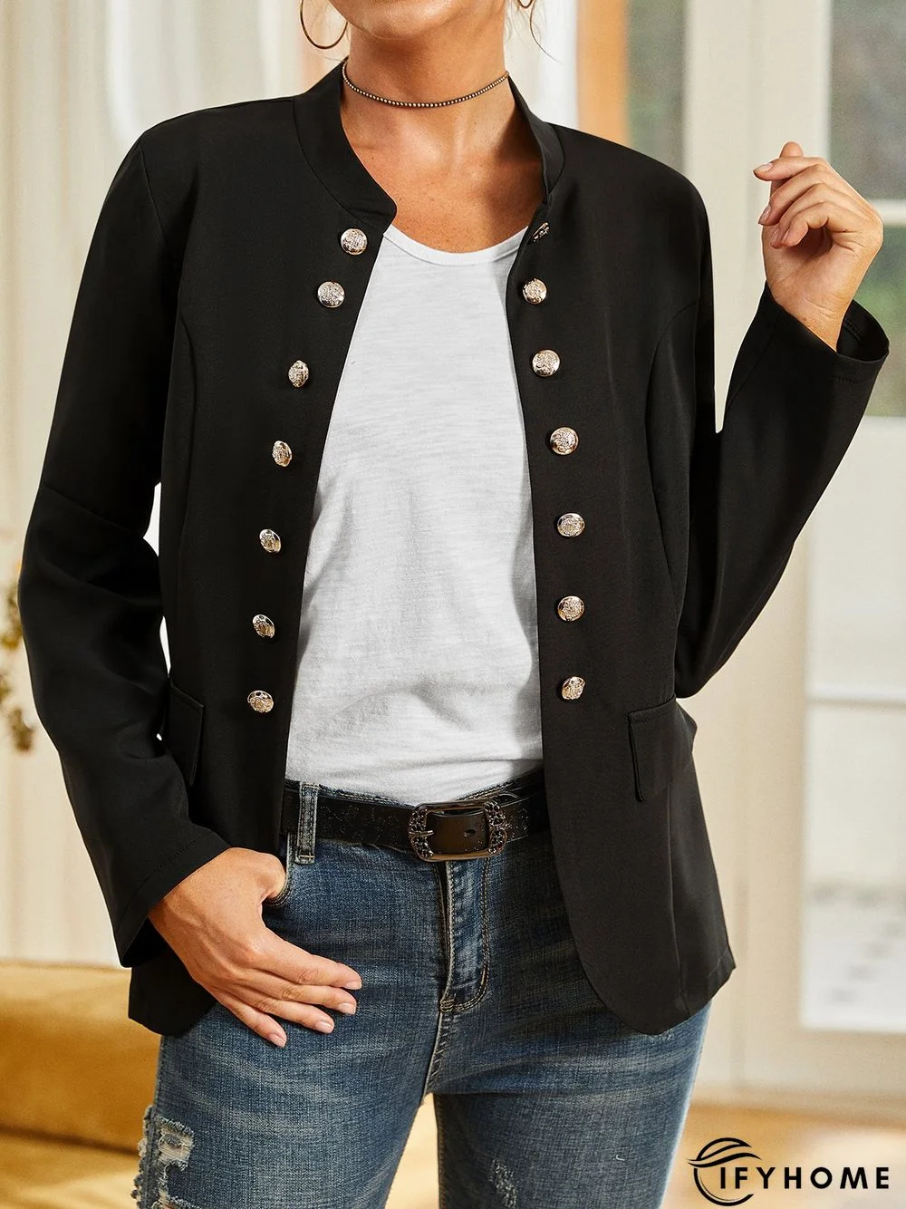 Black Long Sleeve Shift Buttoned Solid Jacket | IFYHOME