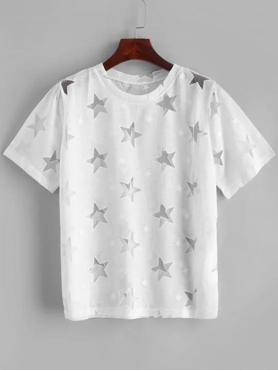 Mesh Star Round Neck Tee for Women