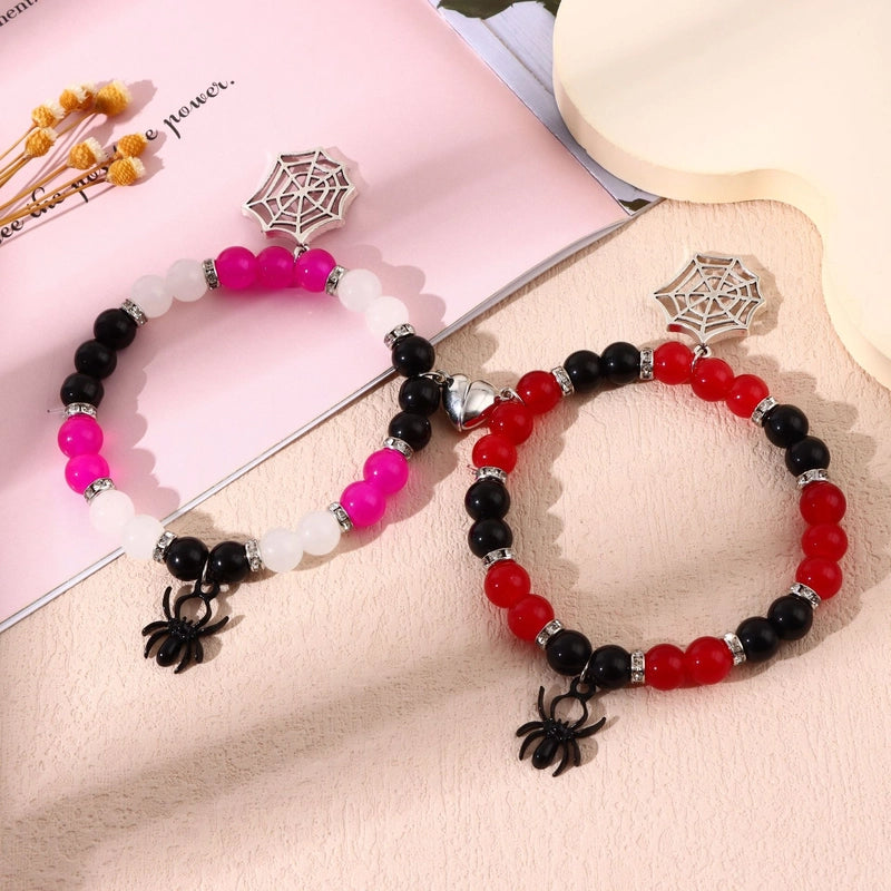 Popular Halloween 8mm Spider Magnetic Love Beaded Bracelet Jewelry Elastic Rope Couple Bracelet