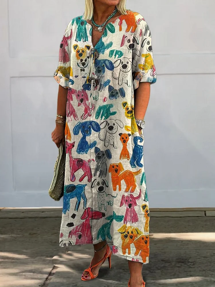 Women's Cute Kid Drawing Dog Print Pocket Cotton Dress