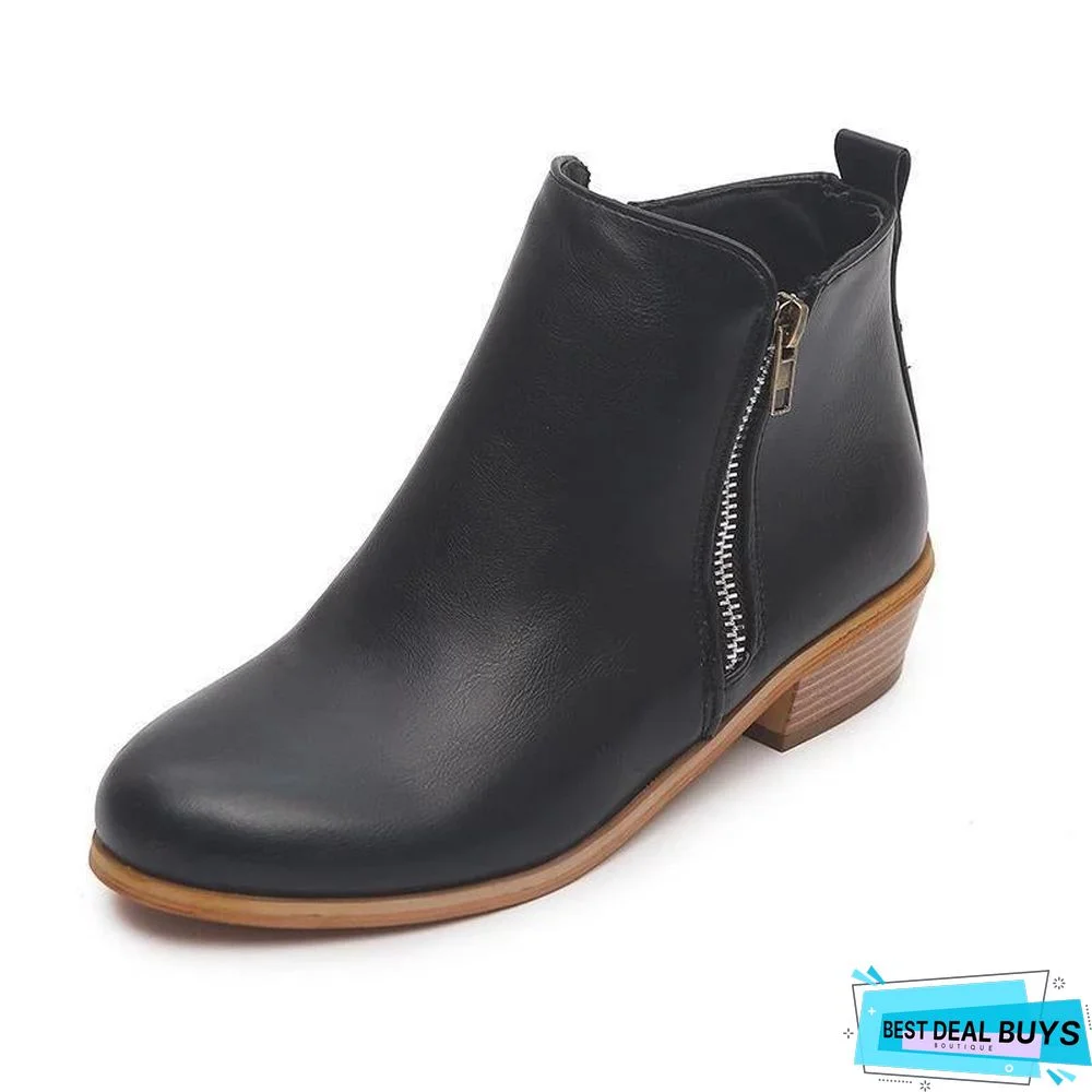 Women Side Zipper Round Toe Ankle Boots