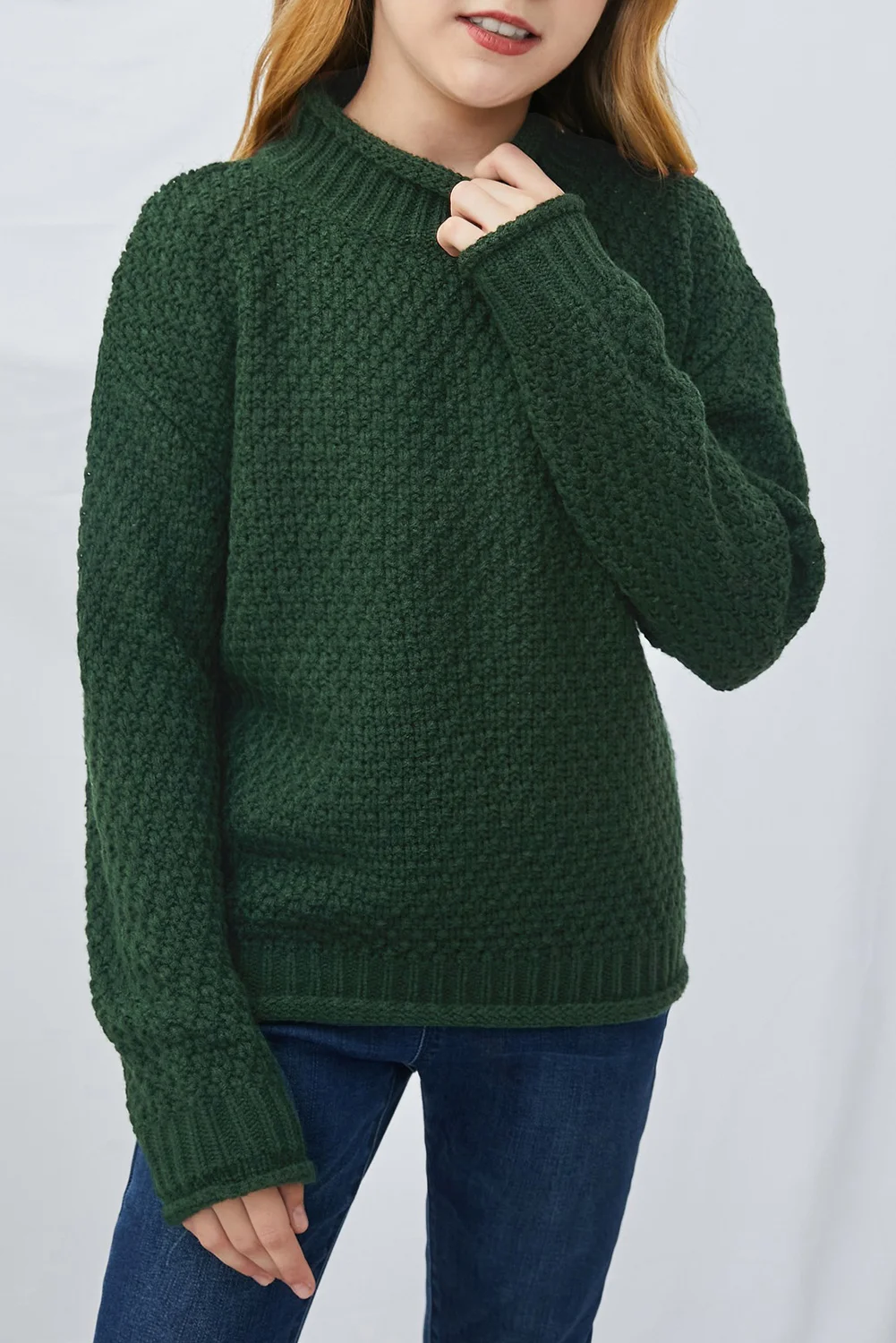 Green High Neck Ribbed Hem Kids Sweater | IFYHOME