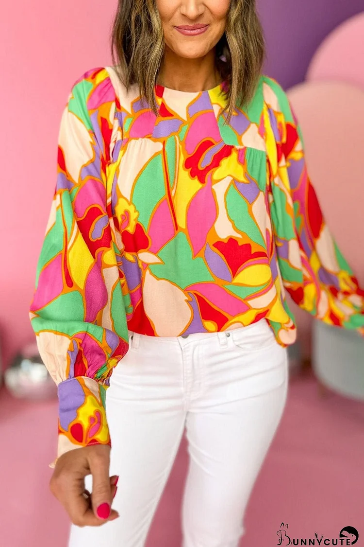 Yellow Abstract Print Puff Sleeve Blouse