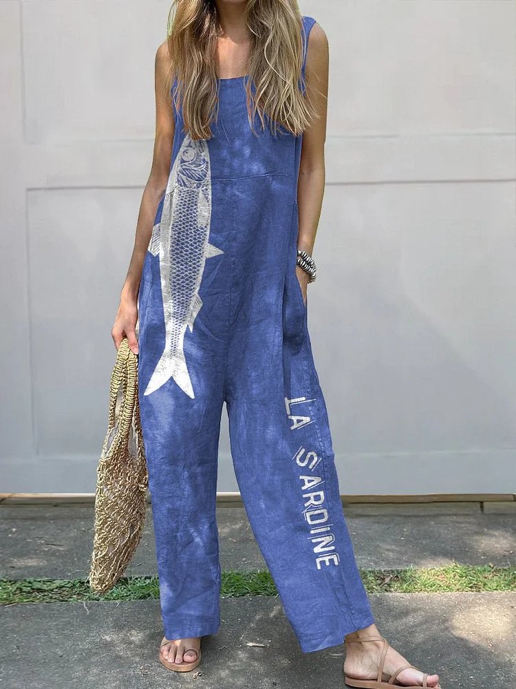 Sardine Fish Graphic Printed Women's Casual 100% Cotton Wide Leg Jumpsuit