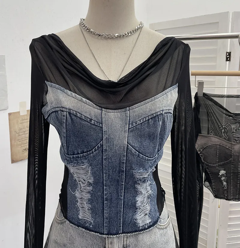 Churchf Sexy Collar Long-Sleeved T-Shirt To Make Old Hole Cowboy Splicing Net Bare Back Short Top 2236