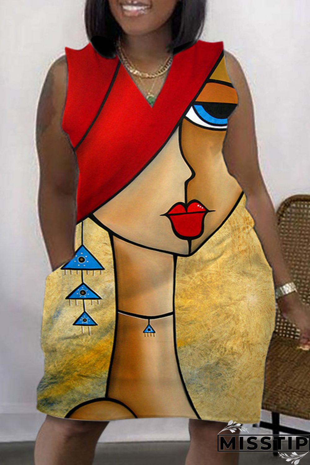 Green Fashion Casual Print Patchwork V Neck Sleeveless Plus Size Dress