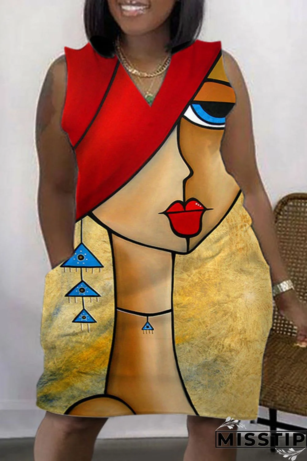 Green Fashion Casual Print Patchwork V Neck Sleeveless Plus Size Dress