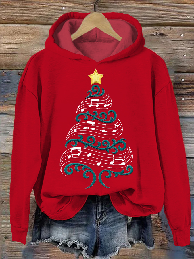 Music Note Christmas Tree Embroidery Long Sleeve Hoodie wearshes