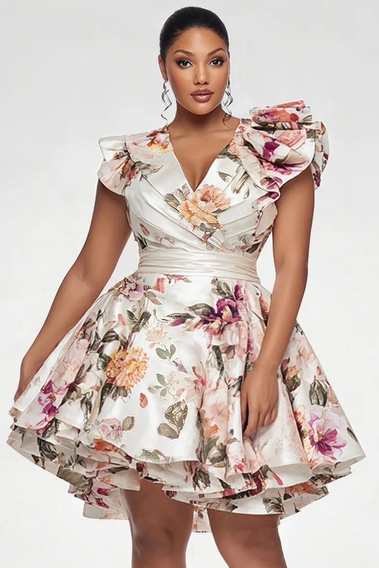 Xpluswear Design Plus Size Party Multicolor Floral Wrap Neck Short Sleeve Ruffle Satin Mini Dresses [Pre-Order] 2024 - Xpluswear