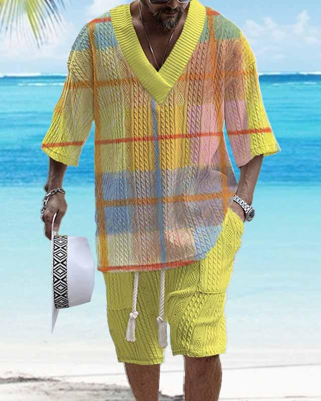 Men's V-neck luxury textured print shorts Set 019