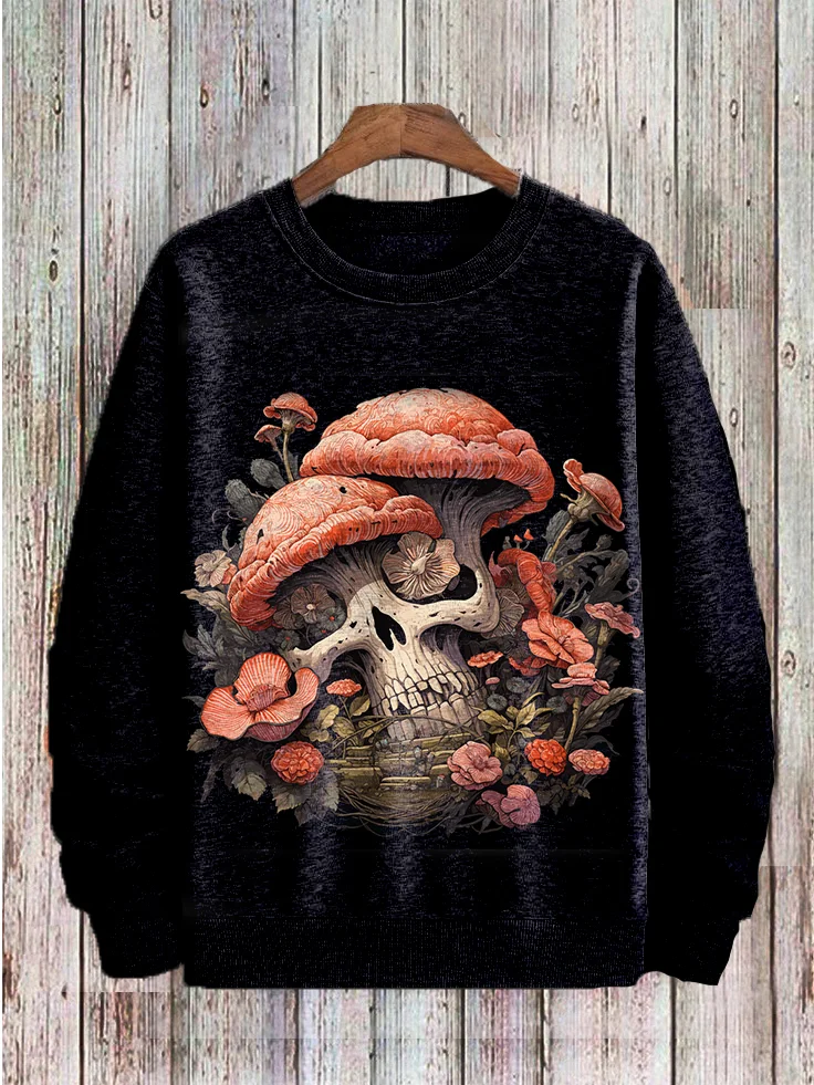 Men's Retro Mushroom Botanical Skull Art Printed Casual Sweatshirt