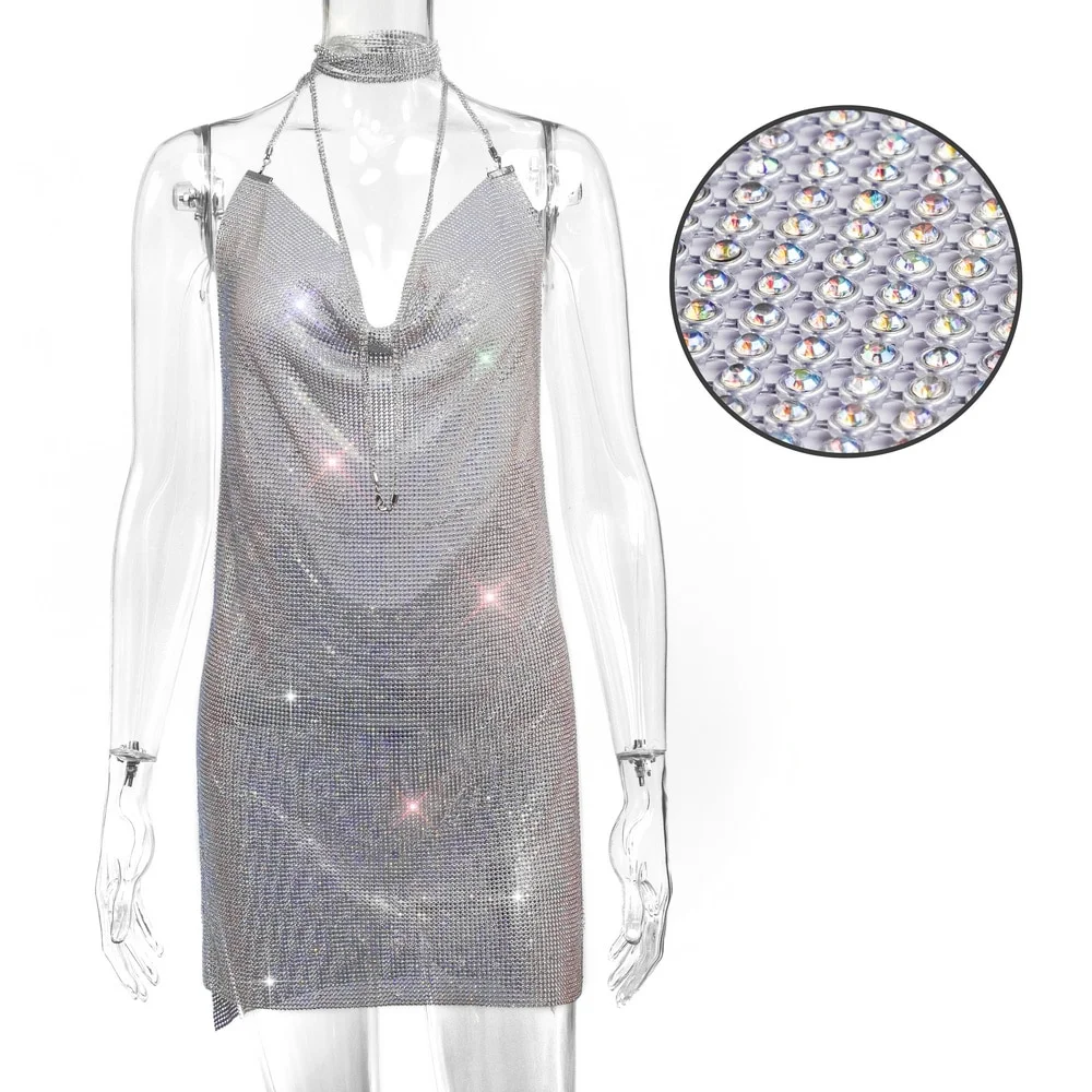 Uaang See through Rhinestone Metal chain Glitter Summer Dress Women Backless slip Sequins Mini Luxury club Party Dresses Vestidos