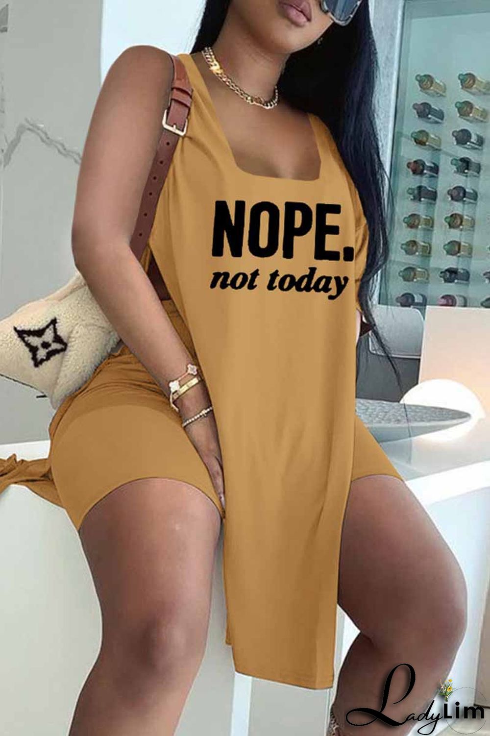 Red Fashion Casual Letter Print Slit U Neck Sleeveless Two Pieces