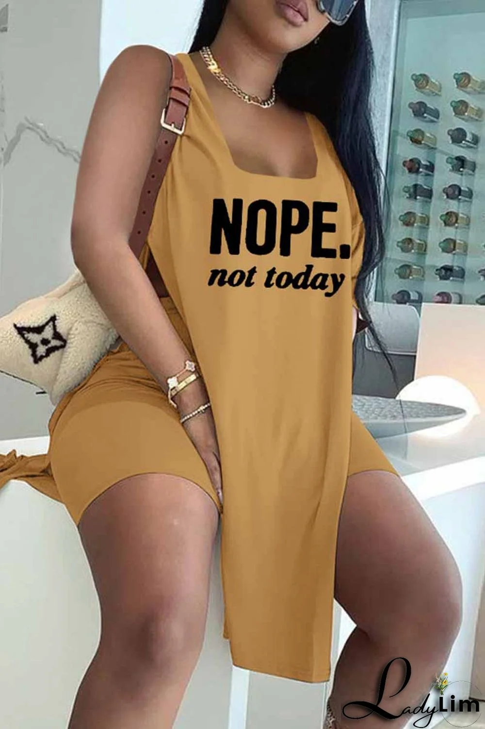 Red Fashion Casual Letter Print Slit U Neck Sleeveless Two Pieces