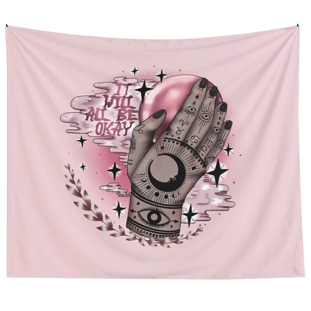 Vintage Tarot Card Pink Tapestry Ouija It Will All Be OK Dorm Room Decoration Pink Boho Home Decor Psychedelic Sun Moon Wall