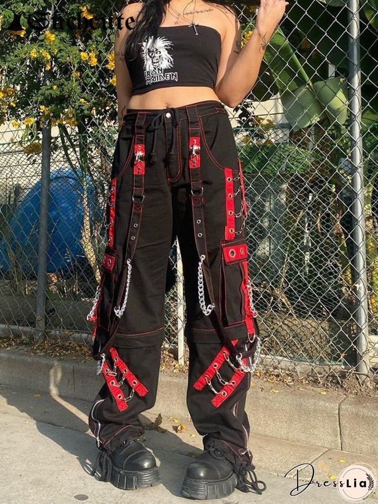 Dark Retro Gothic Women's Pants Contrast Color Striped Mesh Splicing Woven Pants Fashion Streetwear Workwear Wide Leg Pants