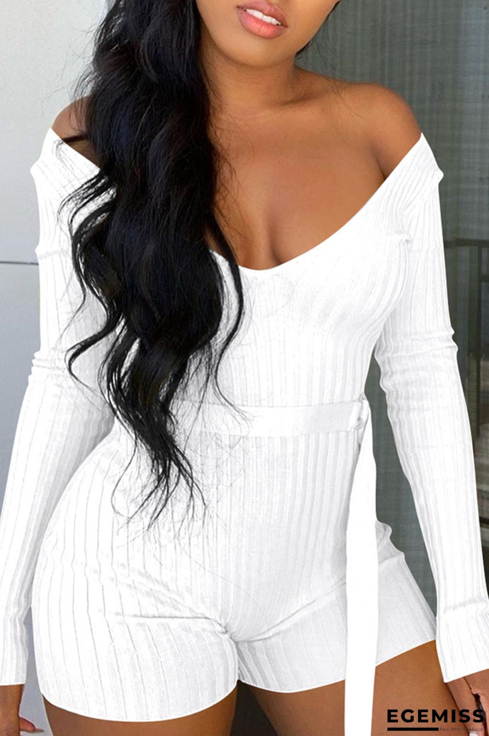 White Fashion Casual Solid With Belt Off the Shoulder Skinny Romper | EGEMISS