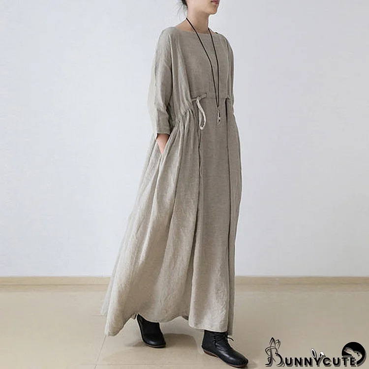 autumn Nude natural linen caftans plus size linen dresses drawstring waist design flattering dress