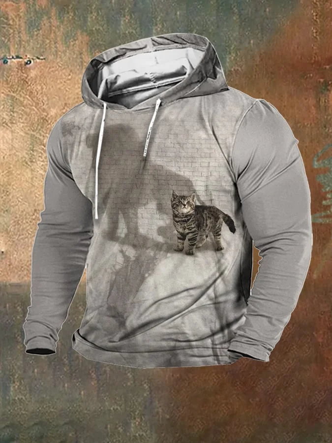 Men's Fleece Retro 3D Cat Reflection Print Hooded Sweatshirt