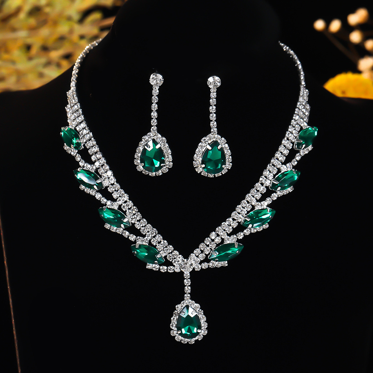 Wedding Green Rhinestone Water Drop Pendant Earrings Necklace Two Piece Jewelry Set 2024 - Flycurvy 