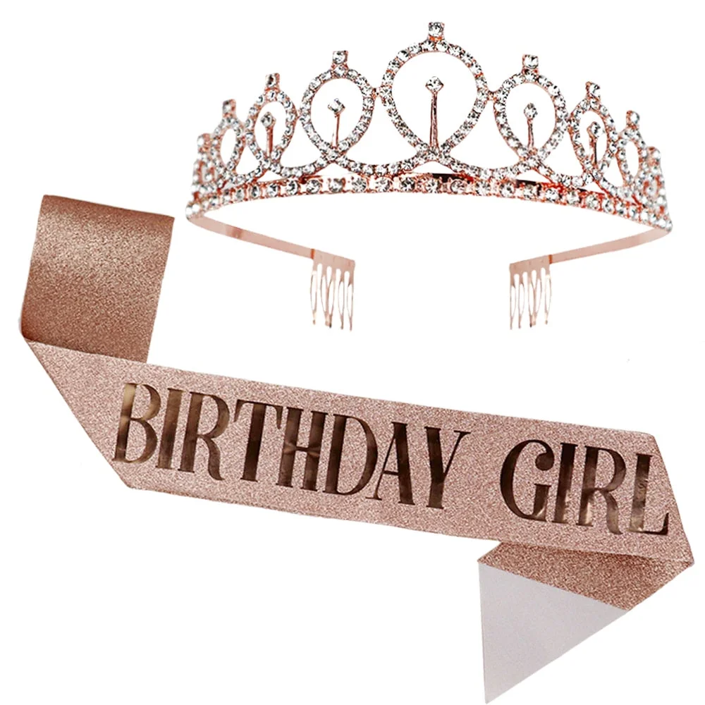 Rose Gold Birthday Party Decoration Glitter Sash Crystal Crown Set for Girls Queens Tiara Happy Birthday Anniversary Supplies