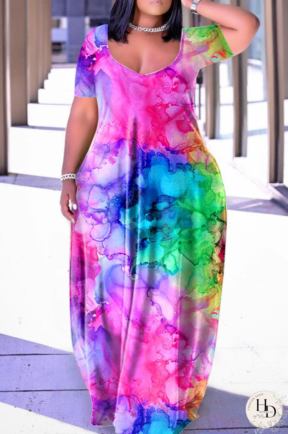 Blue Yellow Casual Print Basic V Neck Short Sleeve Dress Dresses