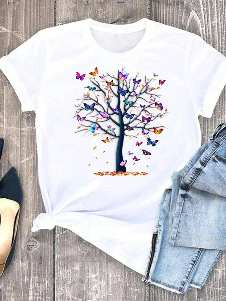 Women's Plus Size Colorful Tree Round Neck Short Sleeve T-Shirt