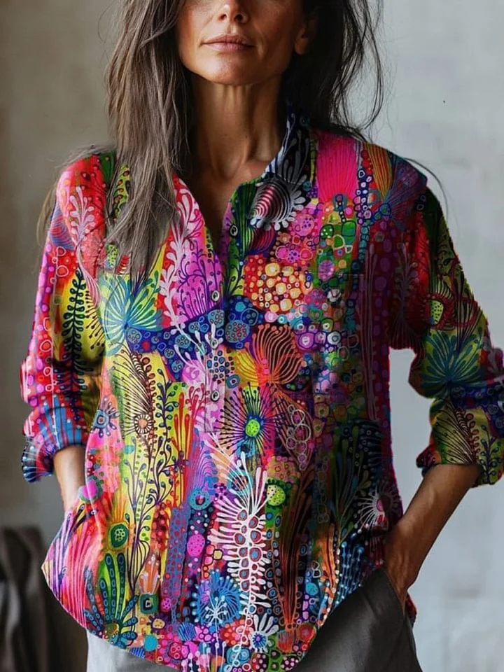 Abstract Coral Reef Art Printed Women's Casual Cotton And Linen Shirt