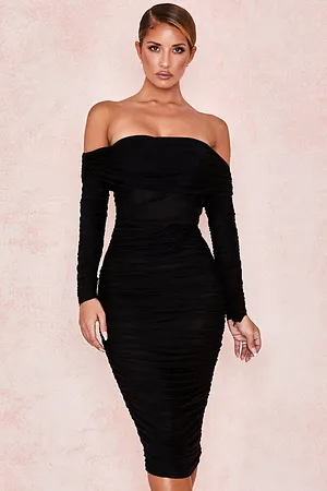 Anais Black Tulle Off Shoulder Ruched Dress
